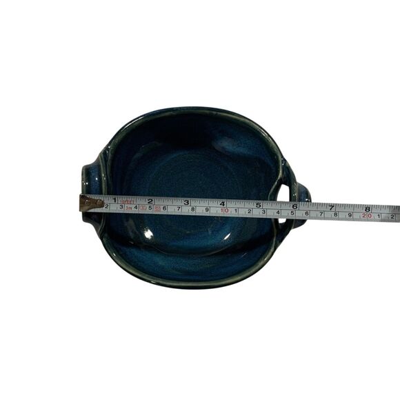 Hand Crafted Ceramic Bowl Blue Green Glaze with Handles Signed by Artist - Picture 10 of 11